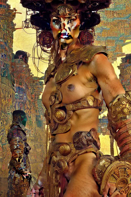 Image similar to Gladiator, muscular, detailed face, correct face, cyberpunk chinese ancient castle, fantasy, painting by Gustav Klimt, greg rutkowski and alphonse mucha