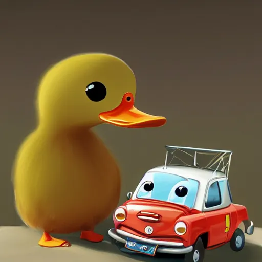 Prompt: Duck inspecting a toy car, digital art, artstation