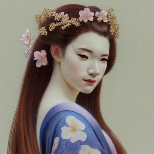 Prompt: side portrait of a young woman wearing a kimono, cherry blossom crown, long hair, hair down, headshot, hyper realistic, pale skin, 4k, rule of thirds, extreme detail, detailed drawing, trending artstation, hd, fantasy, D&D, realistic lighting, by Alphonse Mucha, Greg Rutkowski, sharp focus, backlit, elegant