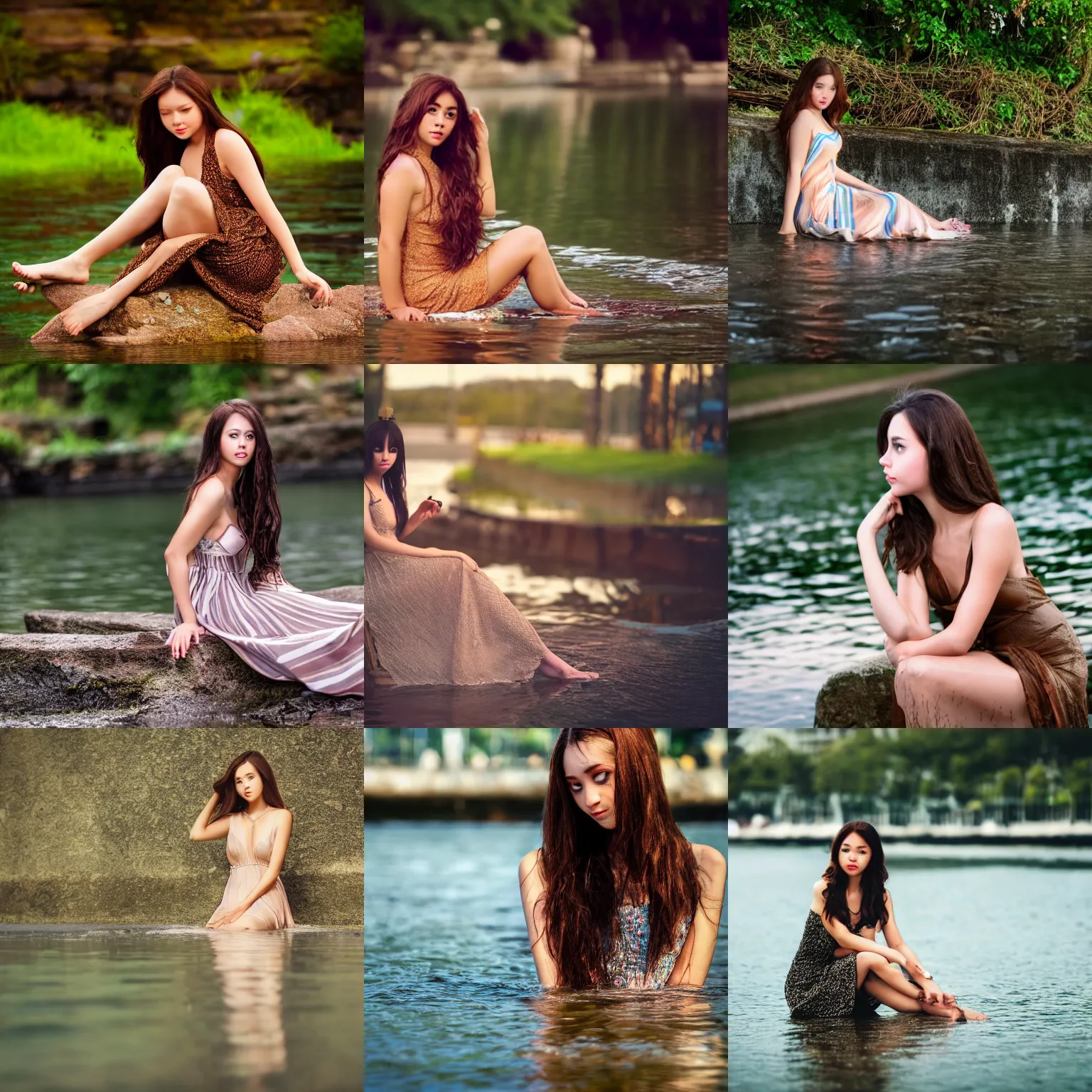 Prompt: Full body photo of a pretty water nymph with long, slightly curled brown hair, wearing a long dress, chilling at the waterside, looking at the camera, highly detailed, sharp focus, cinematic lighting, HD, 8K, award winning photography