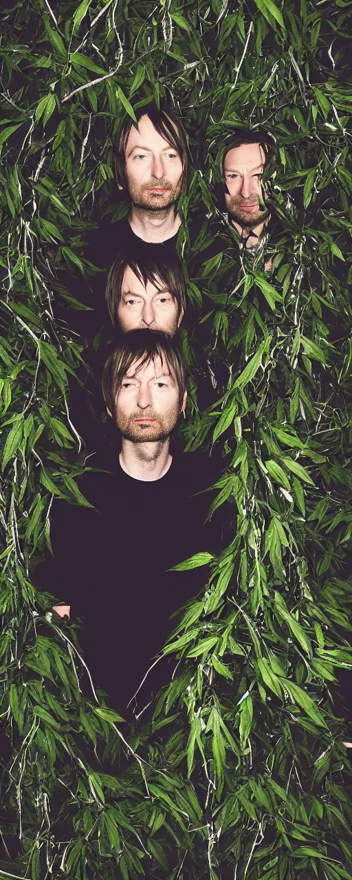 Image similar to disco diffusion portrait of Radiohead, hiding in the bushes looking shifty