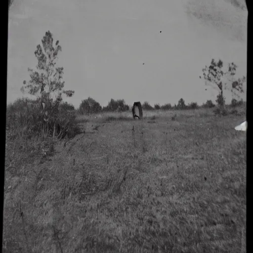 Image similar to old photo of a creepy landscape, creepy figure in the distance