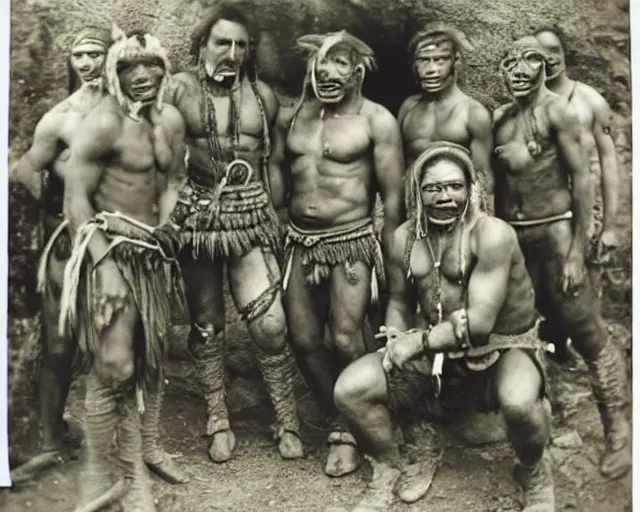 Prompt: group vintage photograph of a warrior orc tribe with a human explorer, highly detailed