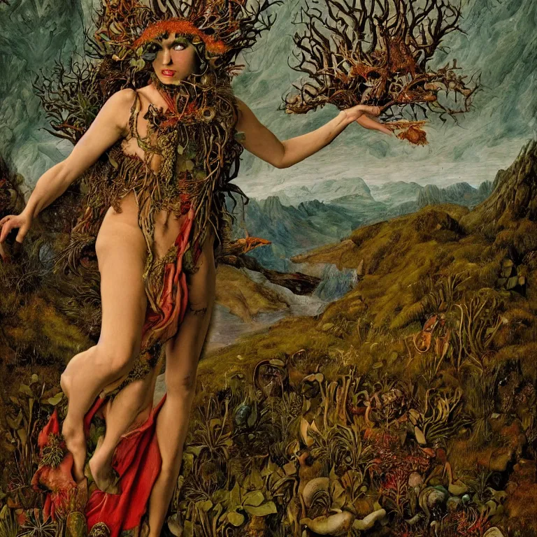 Prompt: a grinning druid dryad with goat pupils transforming herself into a mad beast. her skin is covered in scales and feathers. landscape with mountains, river and night sky. painted by jan van eyck, max ernst and ernst haeckel, trending on artstation, 8 k, award winning, hard lighting, fashion editorial