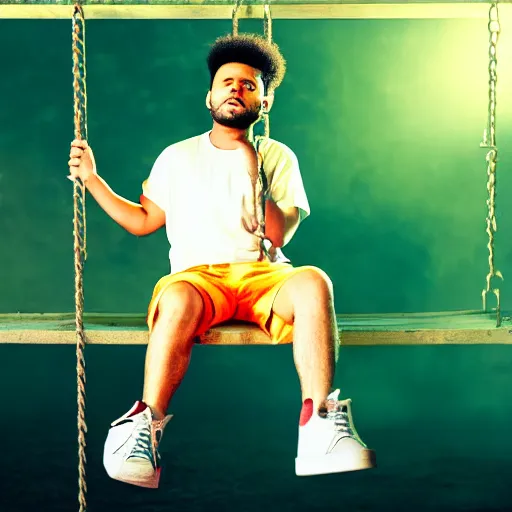 Image similar to photograph of the Weeknd wearing shorts swinging on a swing at night neon lights