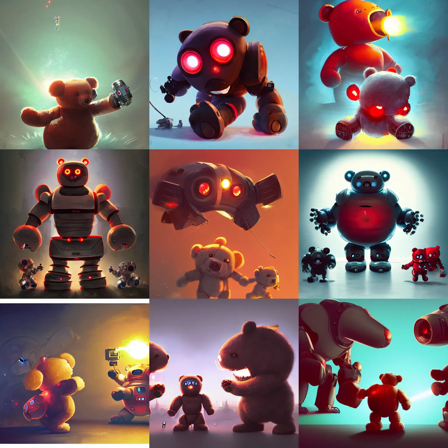 Prompt: sideview of cute chubby dangerous angry 3 years old robots kids in battle pose ruling the world with oversized teddy bear head big glowing laser red eyes and big bear ears , big complex belly mechanism , studio light, wapor wave retro design trending by greg rutkowski