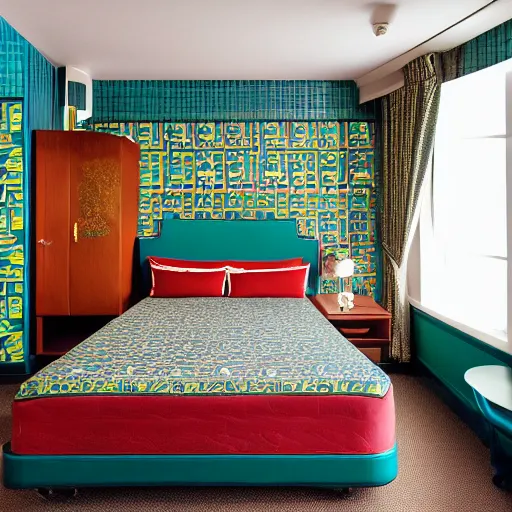 Image similar to photography of theme park hotel room themed to retro new york city motif. bed has new york city blankets. wall has new york city pattern. furniture has new york city motif. furniture is shaped like new york city. carpet has new york city subway map design. lighting has retro new york