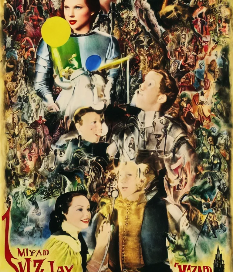 Image similar to Beautiful Fantasy Movie Poster made for the film The Wizard of Oz (1941) starring Taylor Swift and Mark Zuckerberg, minimalist oil paint and ink and photograph collage by Man Ray and Marcel Duchamp , Vivid color trending on artstation Cinematic lighting collage!! 8k