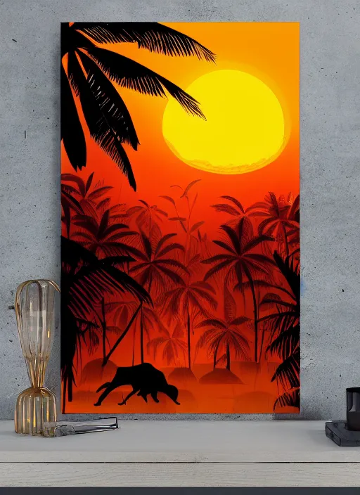 Prompt: Jungle sunset, by Petros Afshar, canvas
