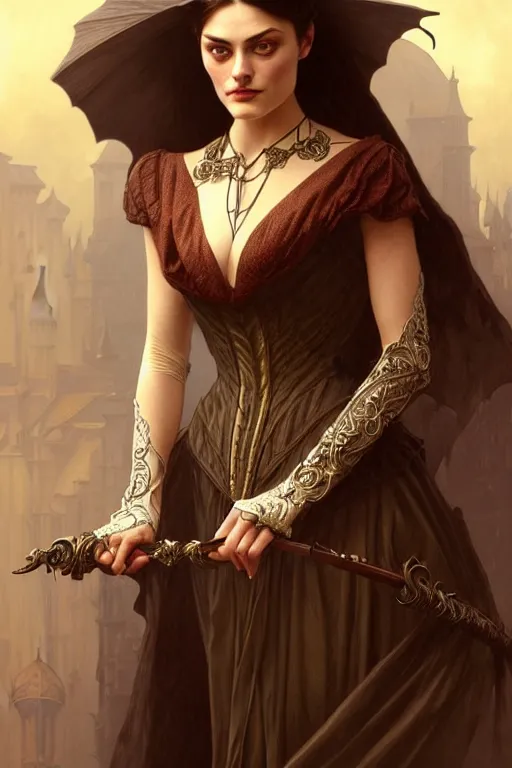 Image similar to Phoebe Tonkin dressed in Victorian fashion, D&D, fantasy, intricate, elegant, highly detailed, digital painting, artstation, concept art, matte, sharp focus, illustration, art by Artgerm and Greg Rutkowski and Alphonse Mucha