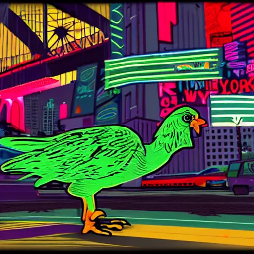 Prompt: a neonpunk avatar chicken, flying over new york