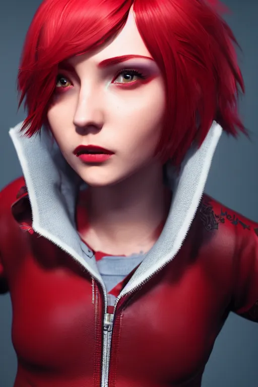 Image similar to a girl with short red hair, cool, vi from arcane, league of legends, fighter, cool red jacket, tattoo, beautiful, 3 d, potrait, art staion, studio light, closeup shot, octane render, wlop, realistic, neon