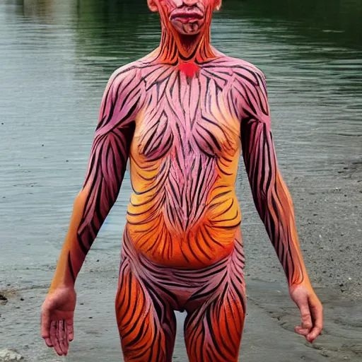 Image similar to salmon body paint human form detailed photography