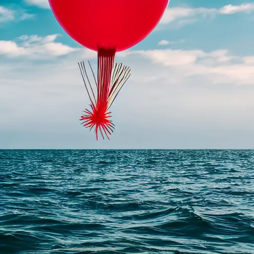 Image similar to a fish floating away from the sea tied to a ballon