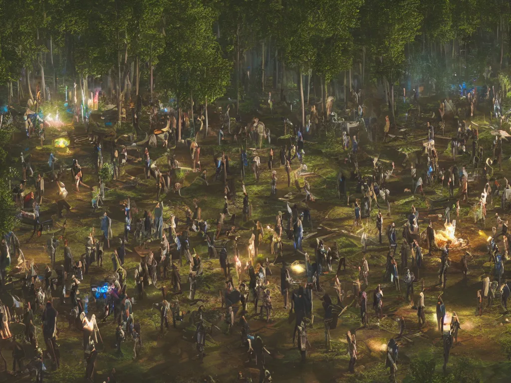 Prompt: a hyper realistic professional 3d render of a mystical cyberpunk tribe gathering at a magical location in the forest lit by fire and intense laser lights extreme wide angle view from dj's point of view