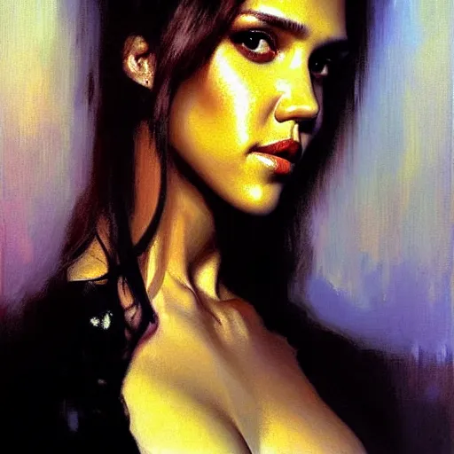 Prompt: portrait of jessica alba, detailed painting, epic lighting, by ilya repin, phil hale and kent williams