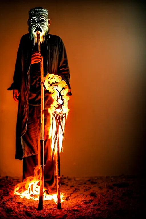 Image similar to full body shot of hanging old asian man with long beard, his head covered in roots, full face occult silver mask, bright multiple glowing eyes, holding a large carved wooden dark fractal stick, hanging upside down, thick smoke around him, in the burning soil desert, cinematic shot, wide angle, dark desert background, volumetric lighting by Denis Villeneuve, Lubezki, Gaspar Noe, Christopher Doyle and Alejandro Jodorowsky, anamorphic lens, anamorphic lens flares, kodakchrome, cinematic composition, practical effects, award winning photo, 8k