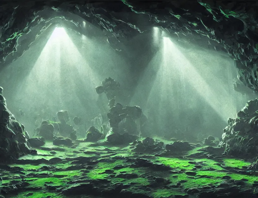 Prompt: futuristic nightclub in a mossy dripstone cave. oil painting by award - winning concept artist. backlighting, chiaroscuro, field of depth.