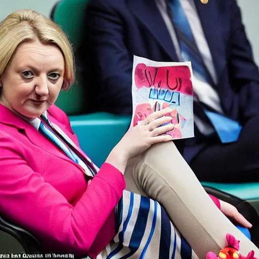 Prompt: conservative mp liz truss sitting in a chair and looking sad and wearing a clown costume, editorial photograph