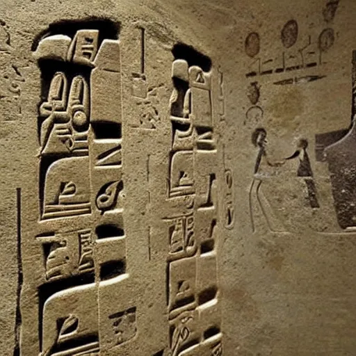 Image similar to ancient hieroglyphs from an alternate universe carved in stone just discovered at a archeological site