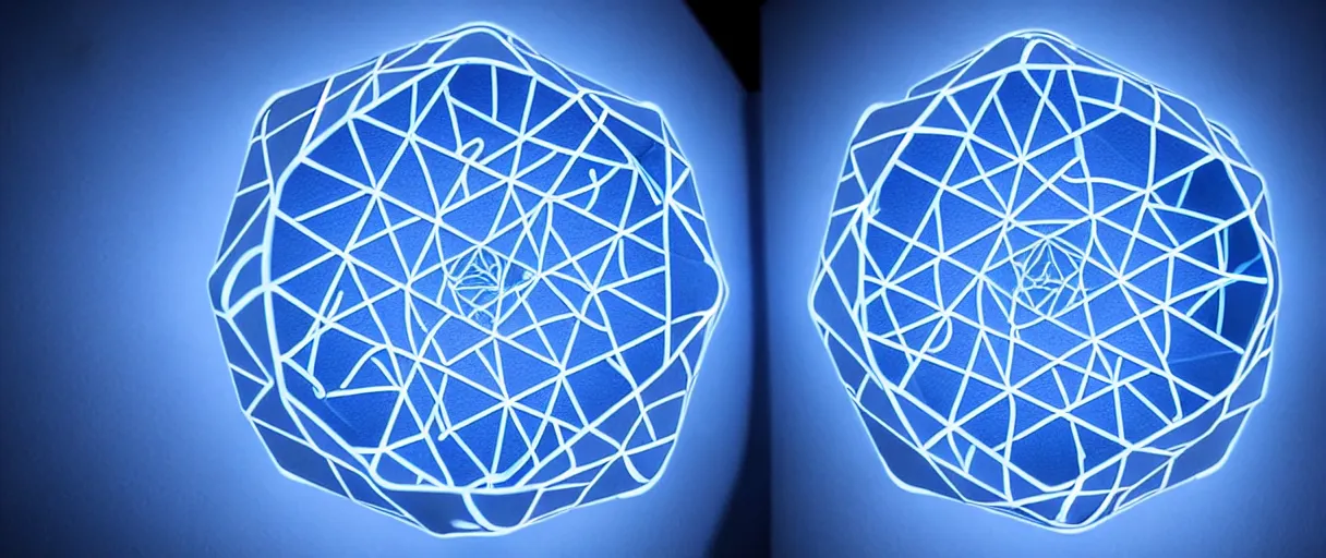 Image similar to hyperrealistic highly detailed sacred geometry impossible object in motion dramatic blue lighting wide angle hd 8k sharp shallow depth of field