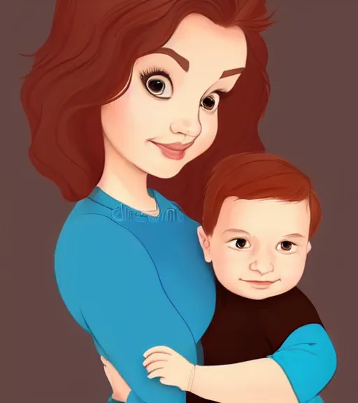 Image similar to a mother with short shoulder length dark auburn hair, short and curvy and a slightly chubby face holding her infant son with short brown hair full color digital illustration in the style of don bluth, artgerm, artstation trending, 4 k