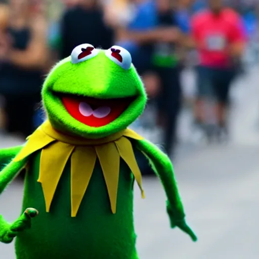 Image similar to Kermit the frog running a marathon photo 4k hd