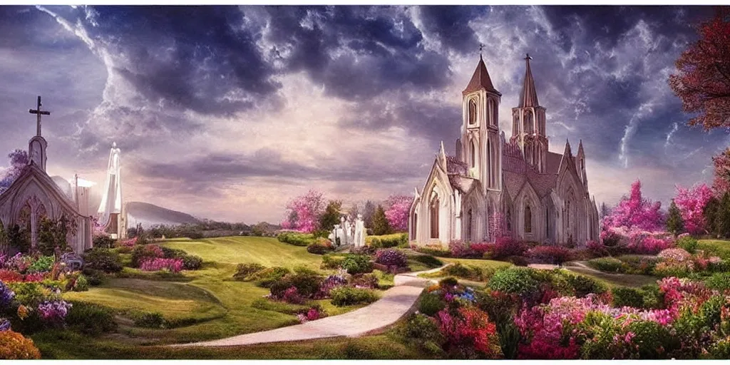 Prompt: a photo of a dream world. it is a beautiful landscape. the detail is amazing. simply stunning. jesus, church, perfect faces