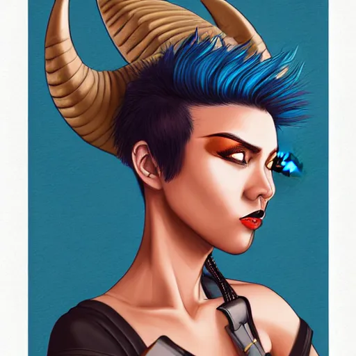 Image similar to illustrated realistic portrait of swept-back prong-horned devil woman with blue bob hairstyle and her tan colored skin and with solid black eyes wearing leather by rossdraws