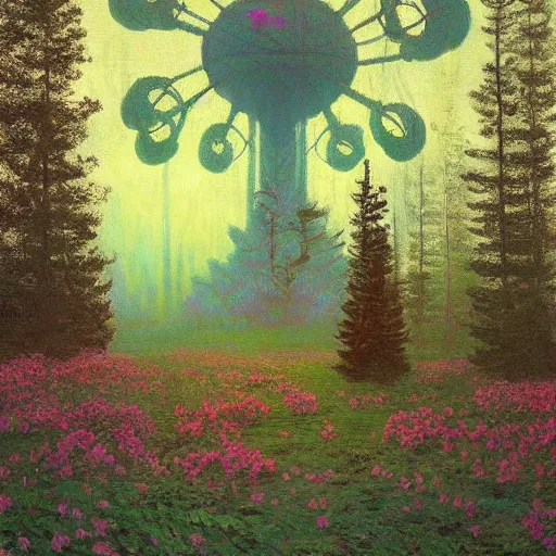 Image similar to Magical fairy forest by Simon Stålenhag and Claude Monet