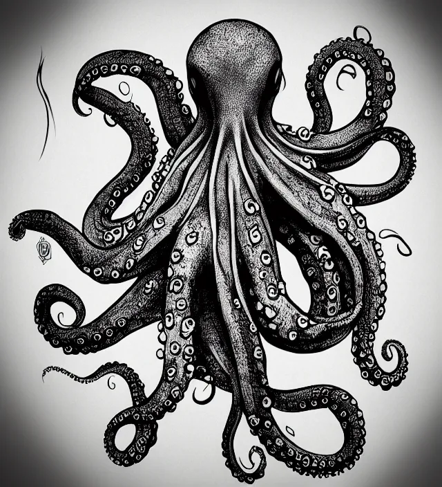 Prompt: a wise octopus, concept art, digital art, deviantart artstation, tattoo, black and white,