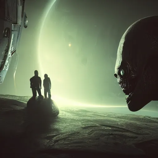 Image similar to a horrified man on a spaceship face to face with an alien from another galaxy, volumetric lighting, 8 k octane beautifully detailed render, post - processing, extremely hyper - detailed, intricate, epic composition, cinematic lighting, masterpiece, trending on artstation, detailed detailed detailed, masterpiece, beautiful cinematic light,