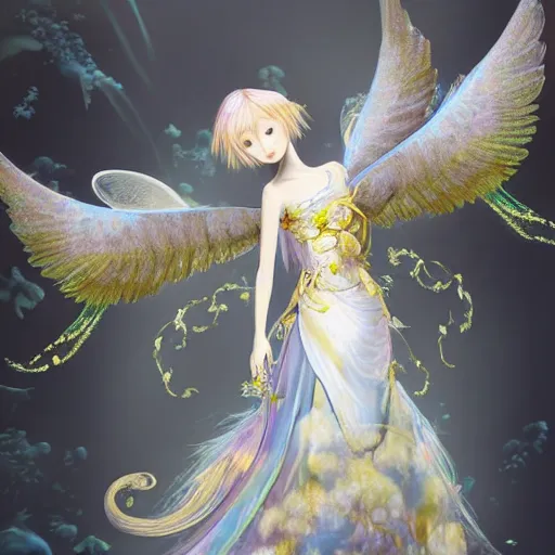 Image similar to anthropomorphic angel with betta fish dress, white and gold color palette, by Yoshitaka Amano, ethereal, dreamy, god rays