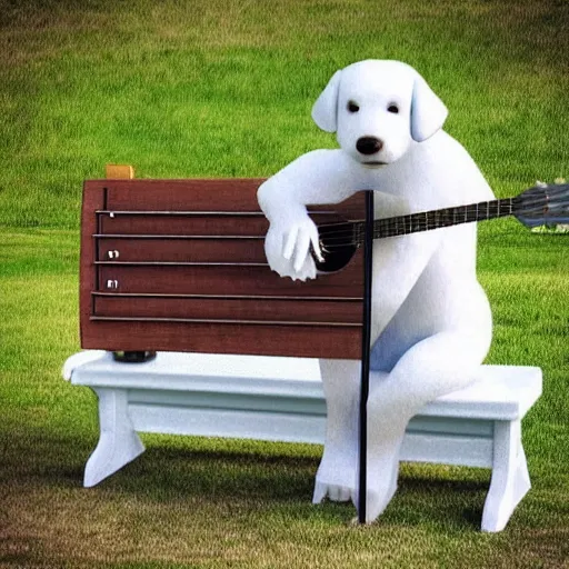 Prompt: “ a white bipedal dog playing the guitar, sitting at bench, photoreal, photo, realistic ”