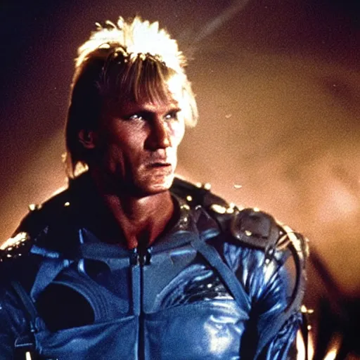 Image similar to movie still, 1 9 8 0 s, dolph lundgren as alien hunter, hyperdetailed, by ridley scott, john carpenter and vittorio storaro, blue leds