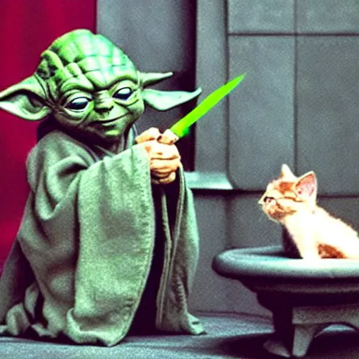 Prompt: Jedi master yoda teaching a kitten how to use the force,-n 9