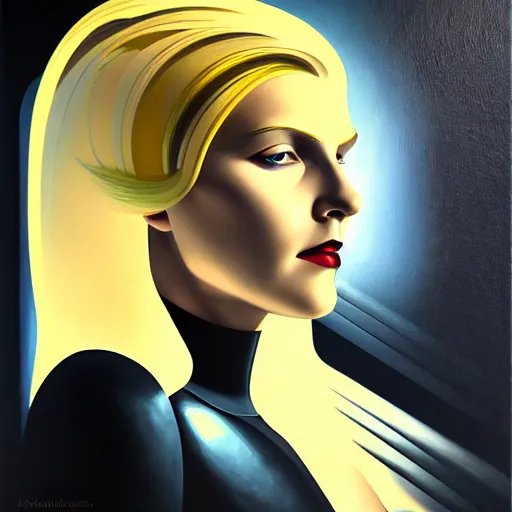 Prompt: a killian eng art deco style, blonde swedish woman as a sci - fi pilot, oil on canvas, smooth, sharp focus, vibrant volumetric dark natural light, dark enlightenment, alchemy, albedo.