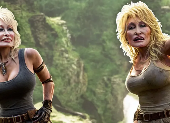 Image similar to film still of!!!! dolly parton!!! as lara croft in new tomb raider movie, 8 k