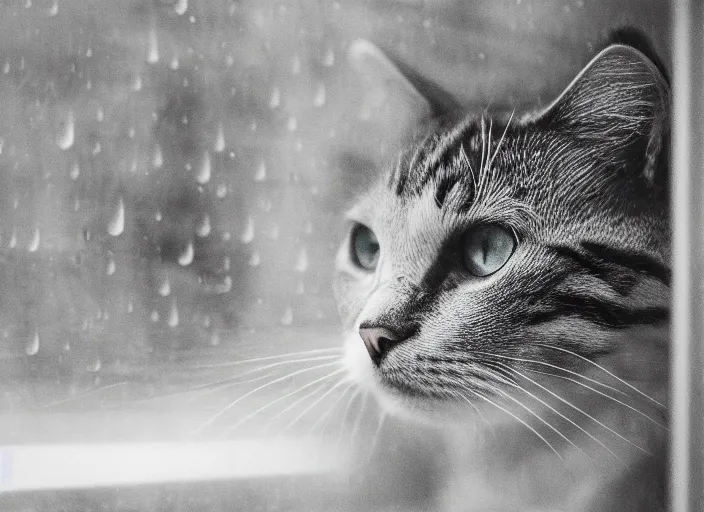 Prompt: photography of a Cat . watching outside the window while it rains. on a bed. in a 70's room full of vinyls and posters, photorealistic, raining award winning photo, 100mm, sharp, high res