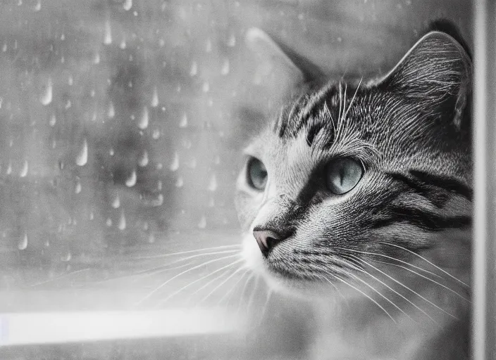 cat looking out rainy window