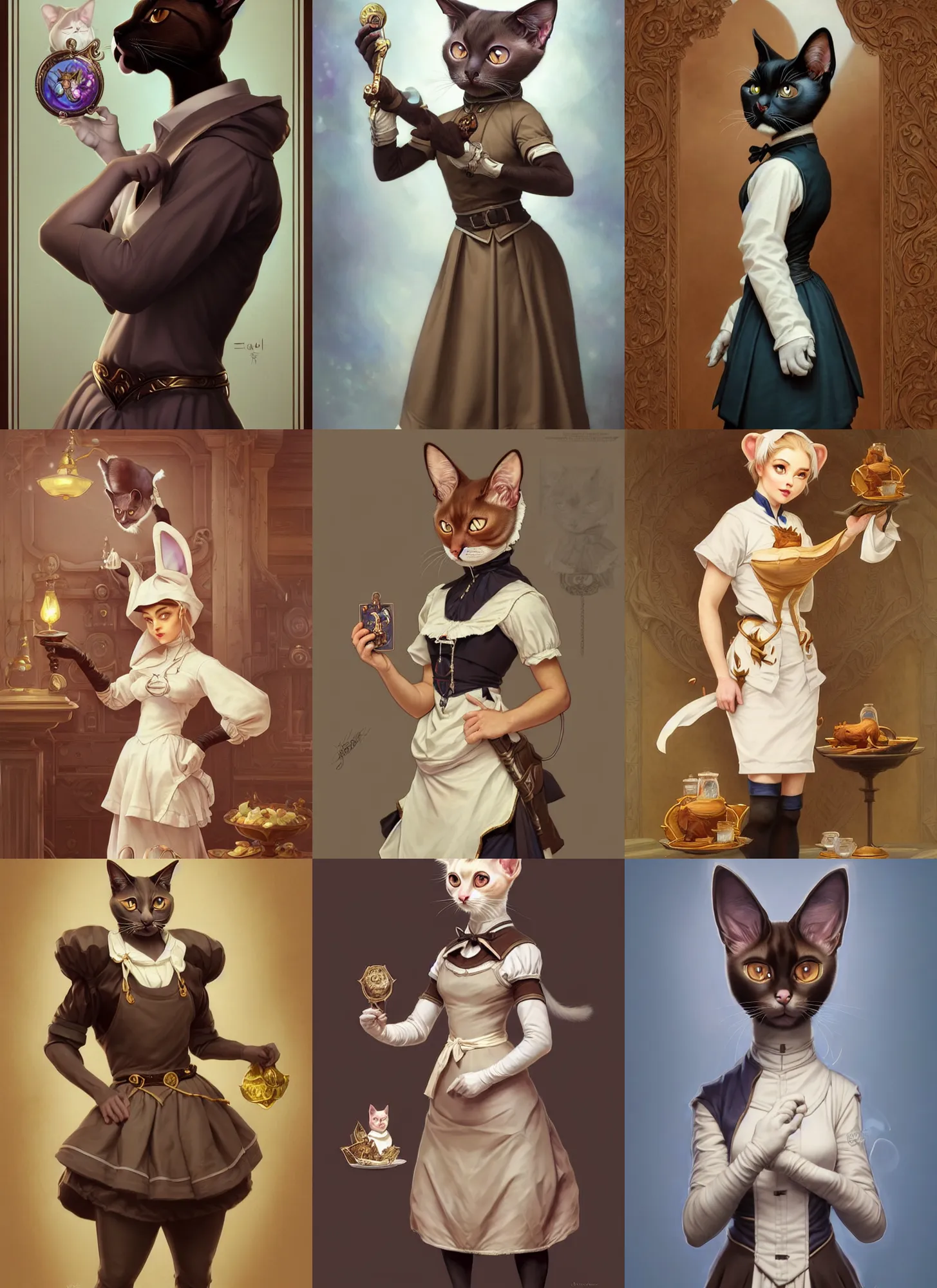Prompt: full body photograph of a male anthropomorphic siamese cat fursona in a maid outfit, deep focus, intricate, elegant, highly detailed, digital painting, artstation, concept art, matte, sharp focus, illustration, d & d, fantasy, hearthstone, art by artgerm and greg rutkowski and alphonse mucha