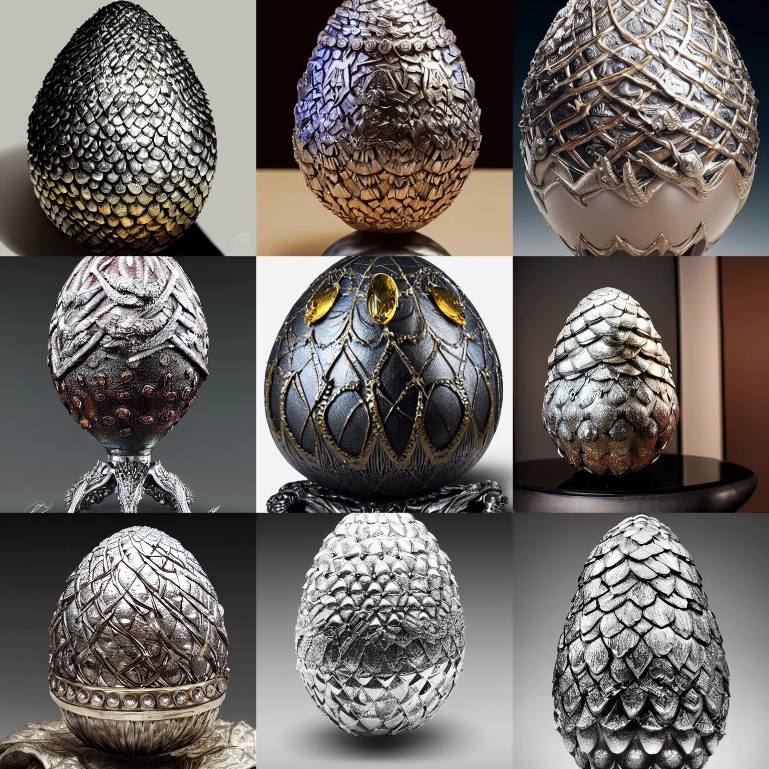 Image similar to daenerys dragon egg inspired, jewel encrusted Fabergé egg and Hans ruedy giger, hyperrealism, detailed, luxury, high definition, ultradetailed,