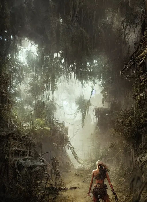 Image similar to a tribal woman and a soldier discovering a post apocalyptic city overgrown with lush vegetation, by Luis Royo, by Greg Rutkowski, dark, gritty, intricate, backlit, strong rimlight, cover illustration, concept art, volumetric lighting, volumetric atmosphere, sharp focus, octane render, trending on artstation, 8k