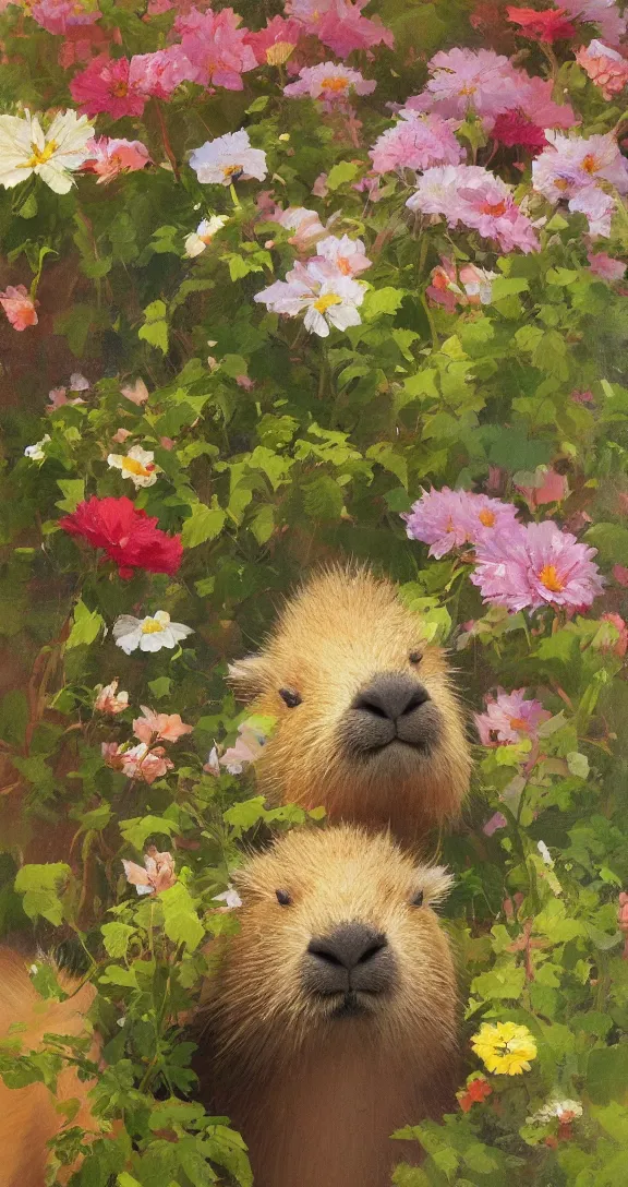 Image similar to romantic detailed portrait of a capybara surrounded by beautiful flowers, by gregory manchess, james gurney, james jean