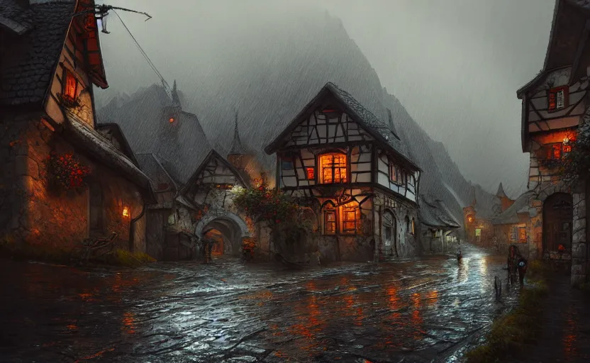 Prompt: extreme long shot concept art depicted rainy old austrian village, high details, dramatic mood, deep environment, art by legends of runeterra and tomasz jedruszek, trending on artstation, unreal engine, 8 k, 4 k