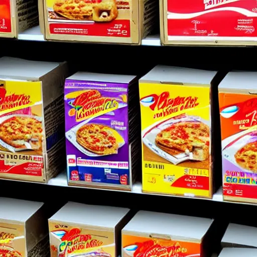 Prompt: box of pizza hut brand breakfast cereal on a store shelf