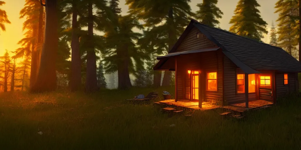 Prompt: a cozy little house in the woods, relaxing, 3 d concept art by scott zenteno, chill, relaxing, peaceful, sunset, extremely detailed art, unreal engine 5, hyper realism