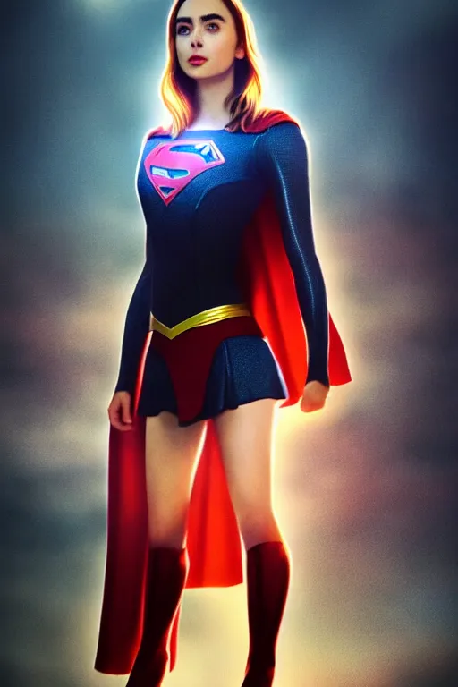 Image similar to a potrait of Lily Collins as Supergirl with man of steel suit style by Greg Rutkowski, Sung Choi, Mitchell Mohrhauser, Maciej Kuciara, Johnson Ting, Maxim Verehin, Peter Konig, 8k photorealistic, cinematic lighting, HD, high details, dramatic, trending on artstation, full body shot