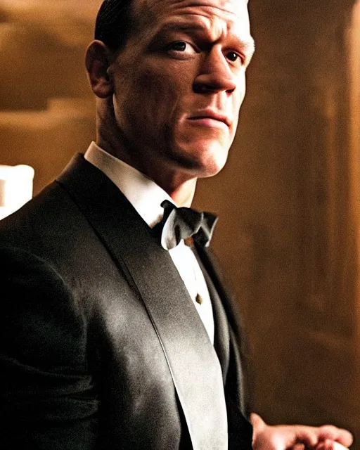 Image similar to film still close up shot of john cena as vito corleone from the movie the godfather. photographic, photography