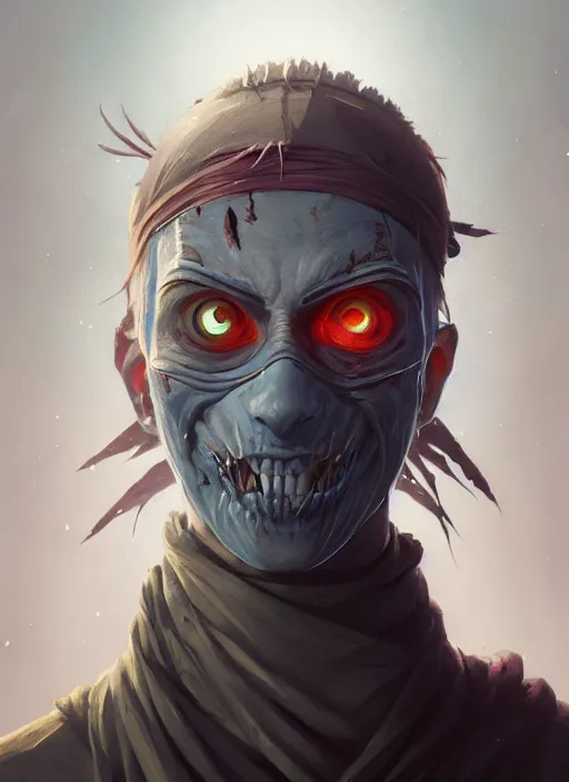 Prompt: Highly detailed portrait of an undead ninja, Stephen Bliss, unreal engine, fantasy art by Greg Rutkowski, Loish, Rhads, Makoto Shinkai and Lois van baarle, ilya kuvshinov, rossdraws, Tom Bagshaw, global illumination, radiant light, detailed and intricate environment